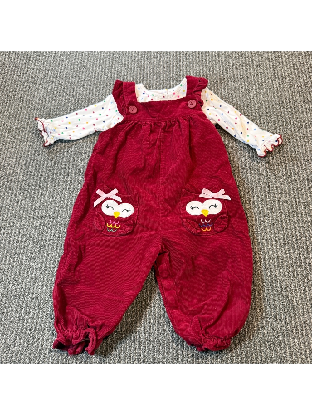Girls Red Corduroy Overalls with Polka Dot Shirt Set 6-12 Months